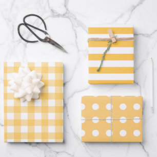 Gelbe weiße Muster Gingham Dots Streifen Geschenkpapier Set