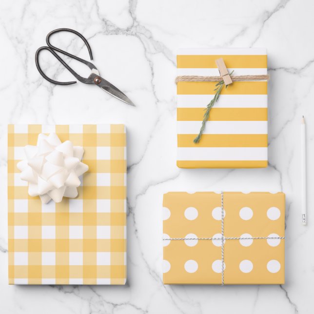 Gelbe weiße Muster Gingham Dots Streifen Geschenkpapier Set (Vorderseite)
