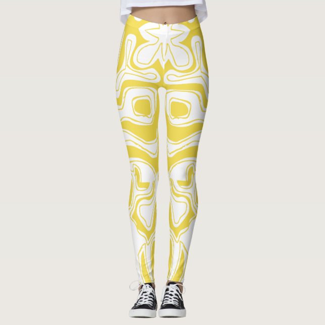 Gelbe weiße Wirbel Abstrakt Leggings (Vorderseite)