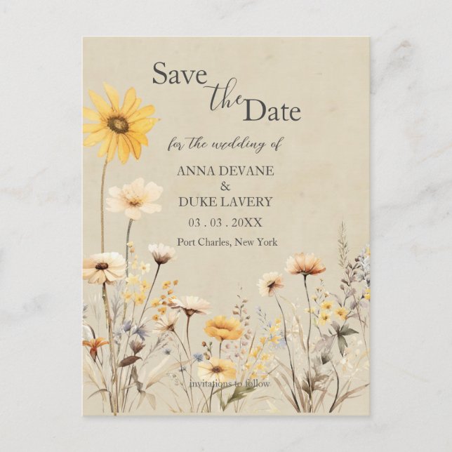 Gelbe Wildblume Hochzeit speichern Sie das Datum Postkarte (Vorderseite)