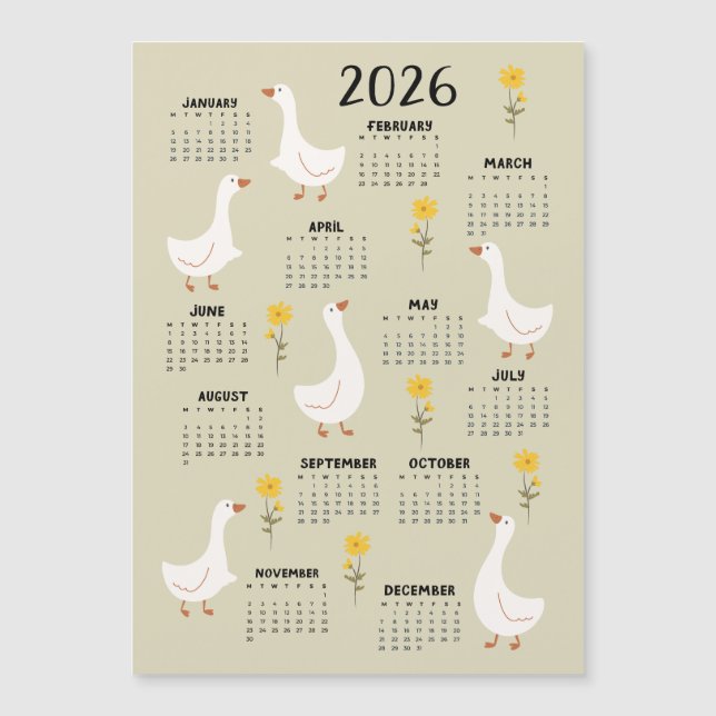 Gelbe Wildblume und Gänse 2026 Kalender - Beige Magnetkarte (Vorderseite)