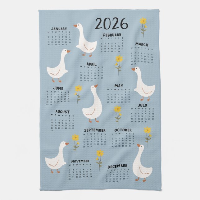 Gelbe Wildblume und Gänse 2026 Kalender - blau Geschirrtuch (Vertikal)