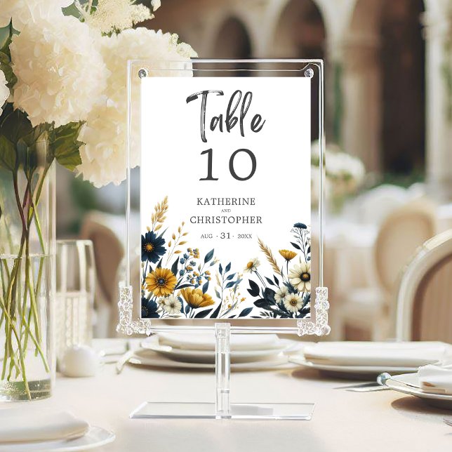 Gelbe Wildblumen Hochzeit Tischnummer (Blue Yellow Wildflowers Elegant Wedding Table Number.)