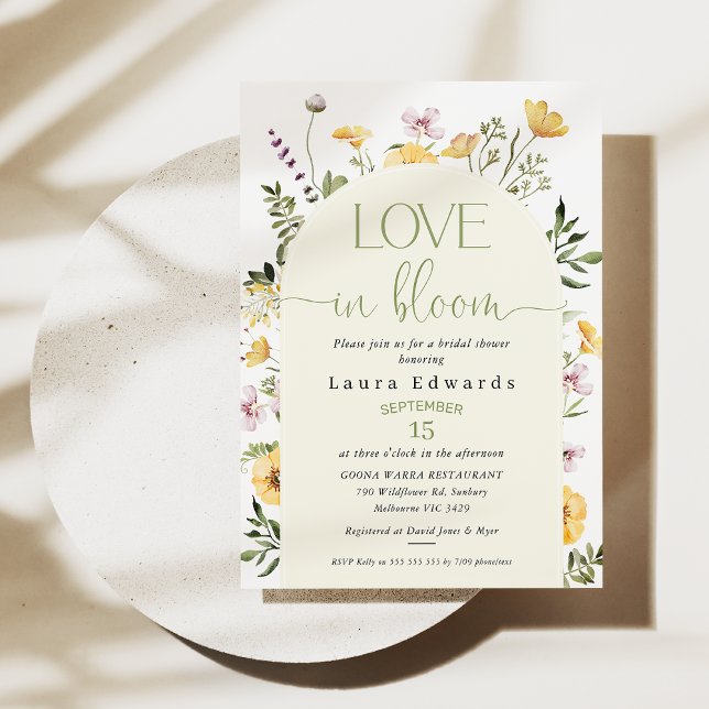 Gelbe Wildblumen Liebe im BlütenBrautparty Einladung (Wildflowers Love In Bloom Bridal Shower Invitation, Summer Floral Bridal Shower Invite, Spring )