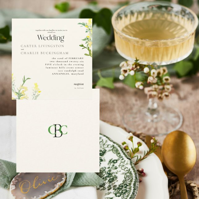 Gelbe Wildblumen Monogram II Square Hochzeit Einladung (Von Creator hochgeladen)