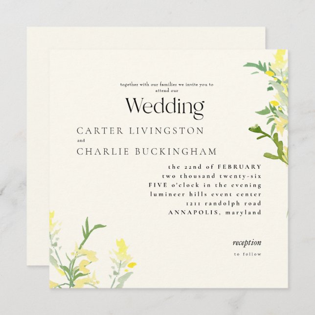 Gelbe Wildblumen Monogram II Square Hochzeit Einladung (Vorne/Hinten)