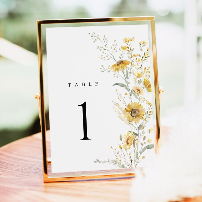 Gelbe Wildblumen-Sonnenblumen-Hochzeitstischnummer (yellow wildflower sunflower wedding table number sign floral table number gold frame reception decor)