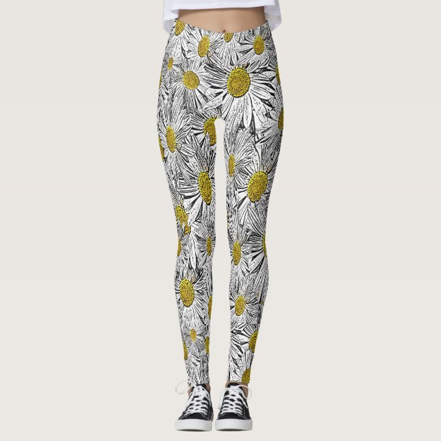 Gelbe zentrierte Daisies Leggings (Vorderseite)