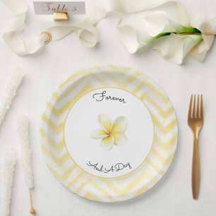 Gelbe Zickzack-Streifen-Plumeria-Blumen-Hochzeit Pappteller