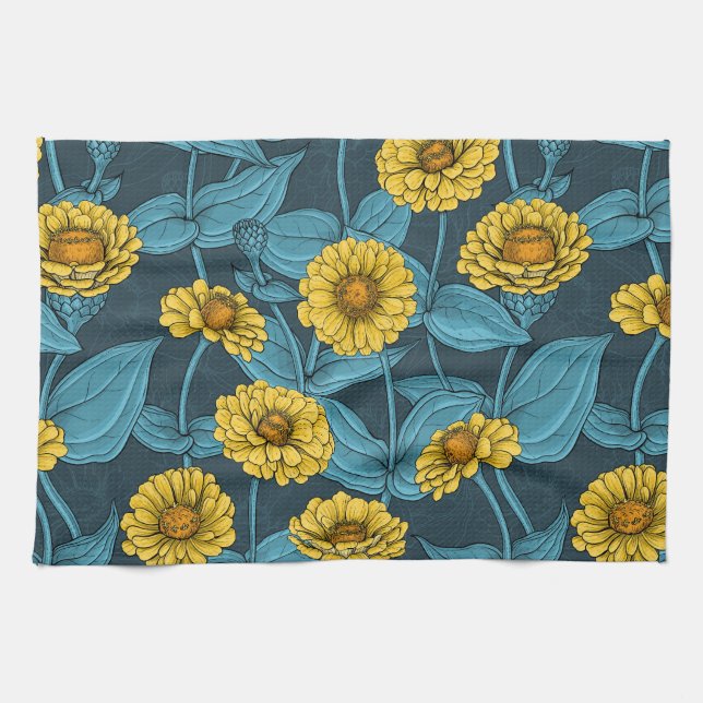 Gelbe Zinnien in dunkelblau Geschirrtuch (Horizontal)