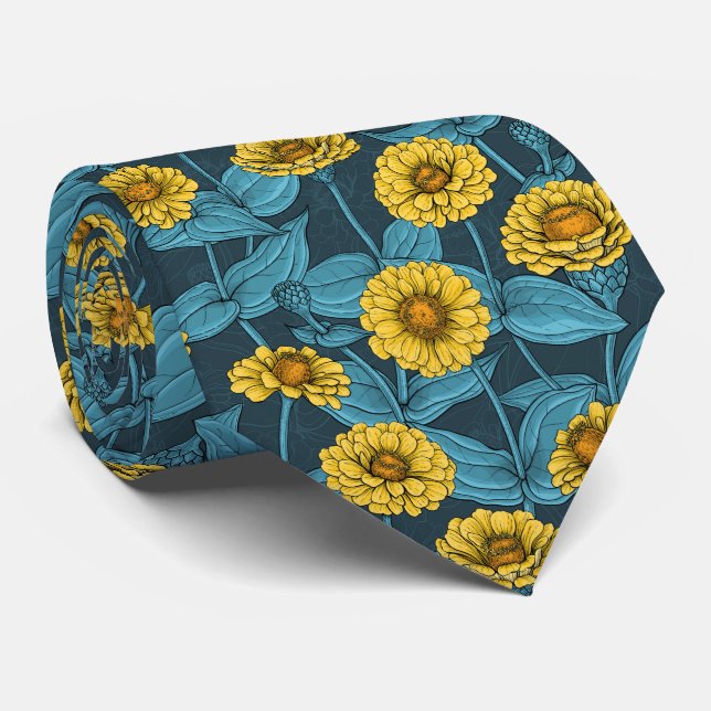 Gelbe Zinnien in dunkelblau Krawatte (Gerollt)