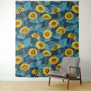 Gelbe Zinnien in dunkelblau Wandteppich