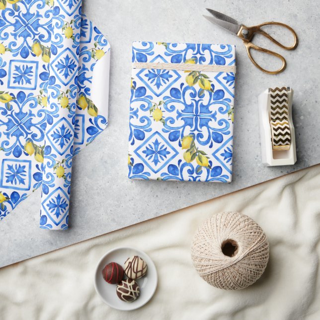Gelbe Zitrone Blaue Fliese  Geschenkpapier (Kunsthandwerk)
