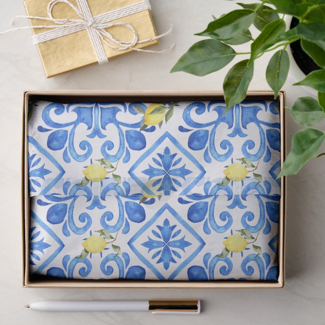 Gelbe Zitrone Blaue Fliese  Seidenpapier (Geschenk)