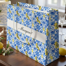 Gelbe Zitrone Blaue Fliese Wasserfarbe Monogramm N