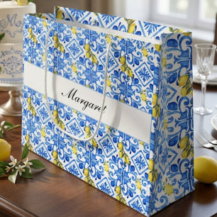 Gelbe Zitrone Blaue Fliese Wasserfarbe Monogramm N Große Geschenktüte