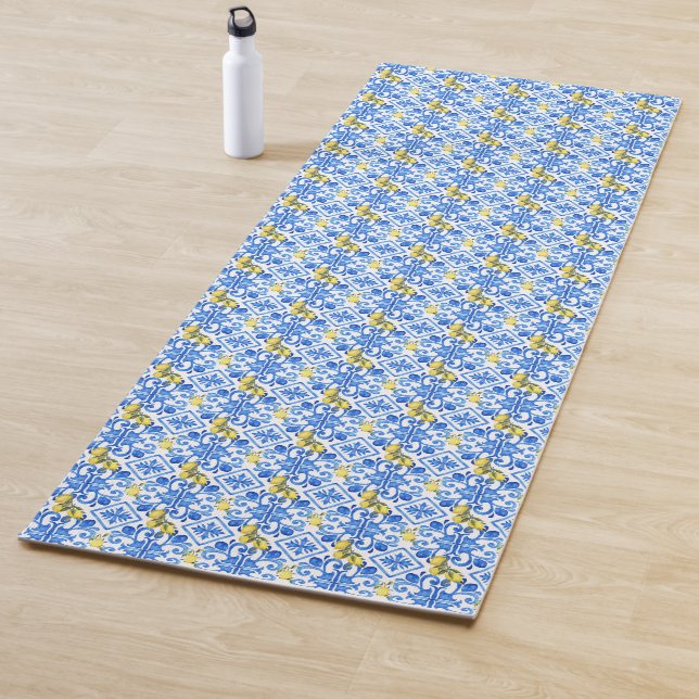 Gelbe Zitrone Blaue Fliese  Yogamatte (Beispiel)