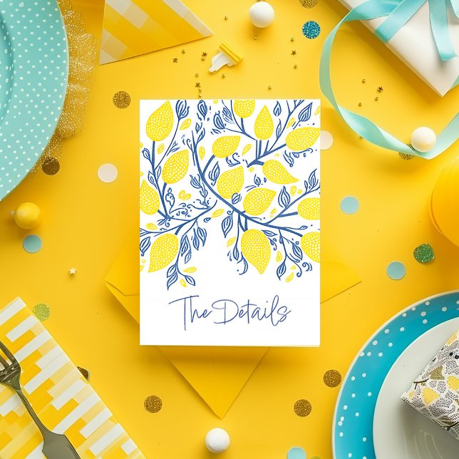 Gelbe Zitrone, blaue Reben Hochzeit der Details Begleitkarte (Bright yellow and blue lemon vines wedding enclosure card that says "The Details" in elegant script)
