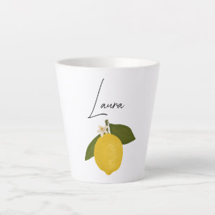 Gelbe Zitrone mit grünen Blättern Frische Zitrus Milchtasse