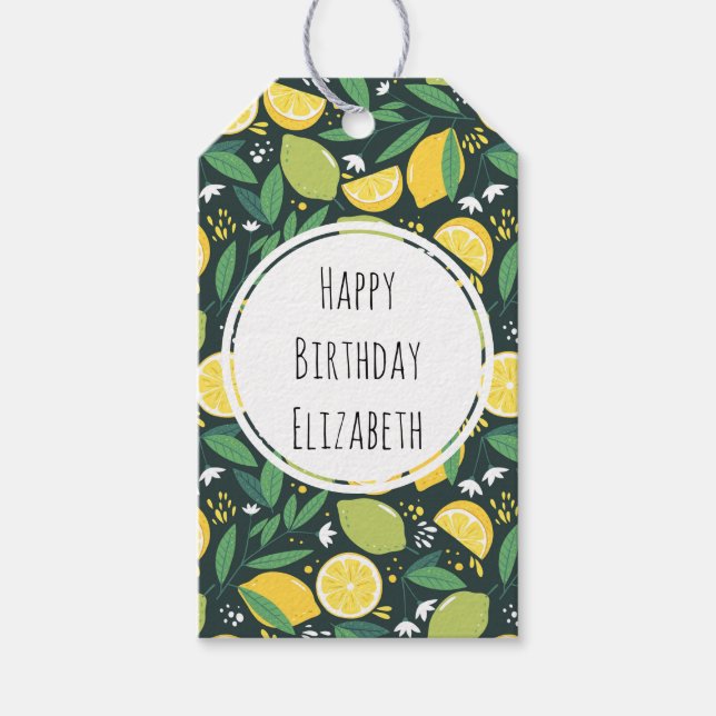 Gelbe Zitrone und Limones Fruchtfuttermuster Gebur Geschenkanhänger (Vorderseite)