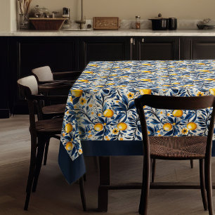 Gelbe Zitronen aus dem Mittelmeerraum, blau Tischdecke