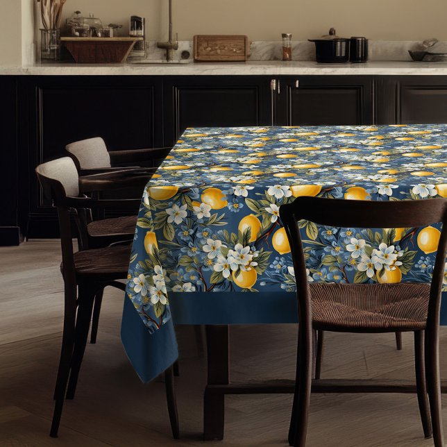 Gelbe Zitronen aus dem Mittelmeerraum, blau Tischdecke (Mediterranean vibrant yellow lemons navy blue tablecloth)