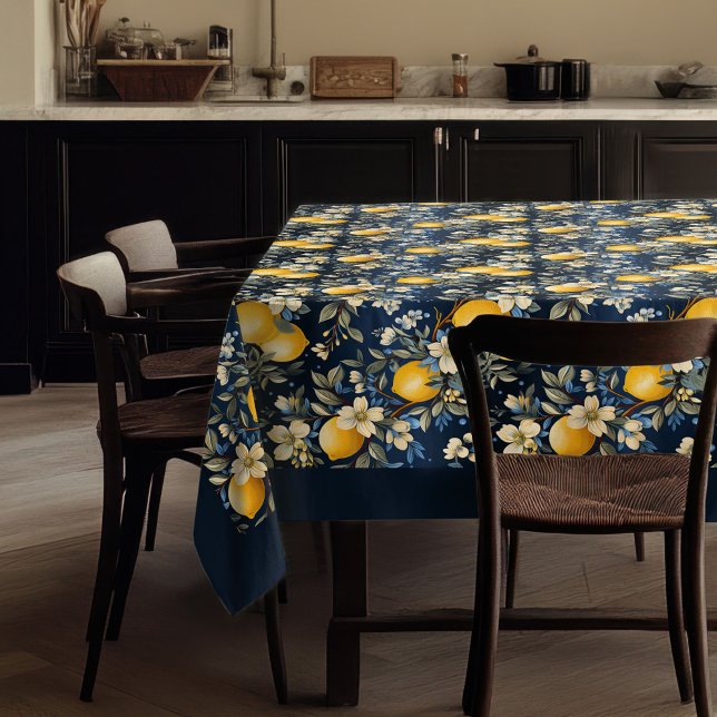 Gelbe Zitronen aus dem Mittelmeerraum, blau Tischdecke (Mediterranean vibrant yellow lemons navy blue tablecloth)