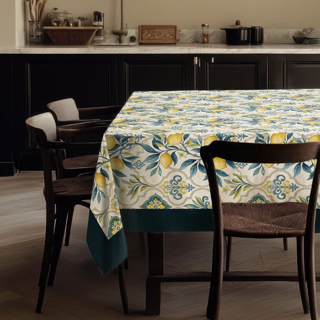 Gelbe Zitronen aus Mittelmeerraum, blaue Fliesen Tischdecke (Mediterranean yellow lemons navy blue tiles tablecloth)