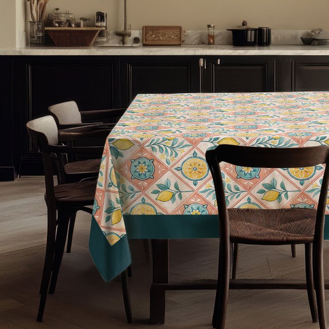 Gelbe Zitronen aus Mittelmeerraum, blaue Fliesen Tischdecke (Mediterranean yellow lemons navy blue tiles tablecloth)