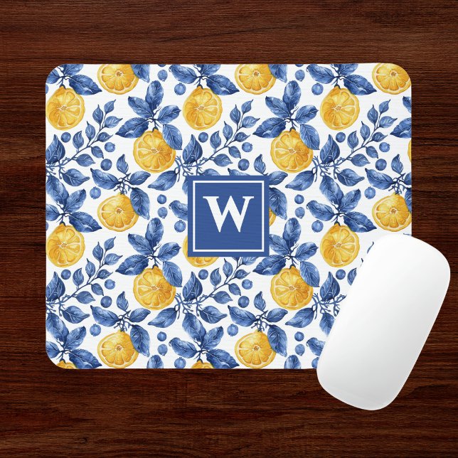 Gelbe Zitronen Blaue Mittelmeer- Amalfi-Initiale Mousepad (Von Creator hochgeladen)