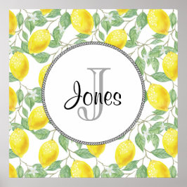 Gelbe Zitronen mit grünen Blätter Muster Monogramm Poster