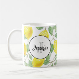 Gelbe Zitronen mit grünen Blätter Muster Monogramm Tasse