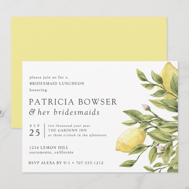 Gelbe Zitronen und Blätter Bridesmaid Luncheon Einladung (Vorne/Hinten)