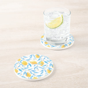 Gelbe Zitronen und blaue Blätter Getränkeuntersetzer