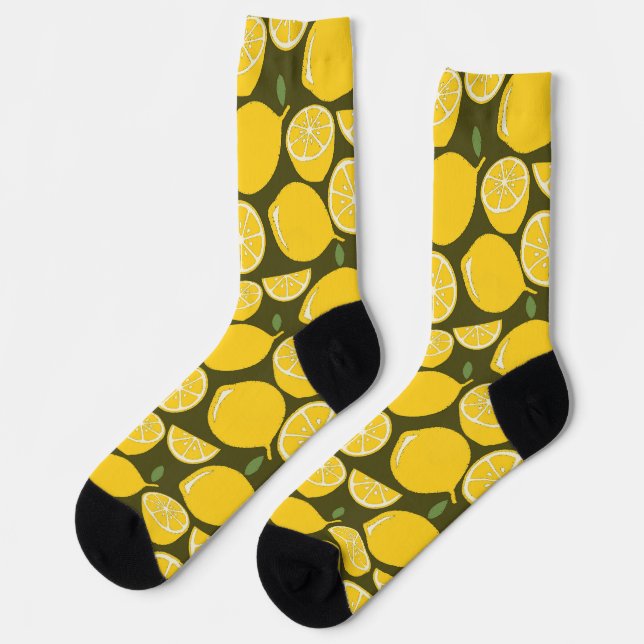 Gelbe Zitronen und Olivgrünes Muster: Moderne Zitr Socken (Linkes Detail)
