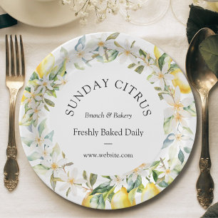 Gelbe Zitronen und weiße Blumen Blumenkranz Pappteller