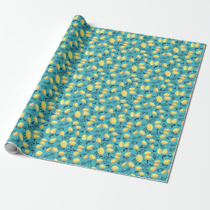 Gelbe Zitronenspinnmuster auf Türkis. Geschenkpapier