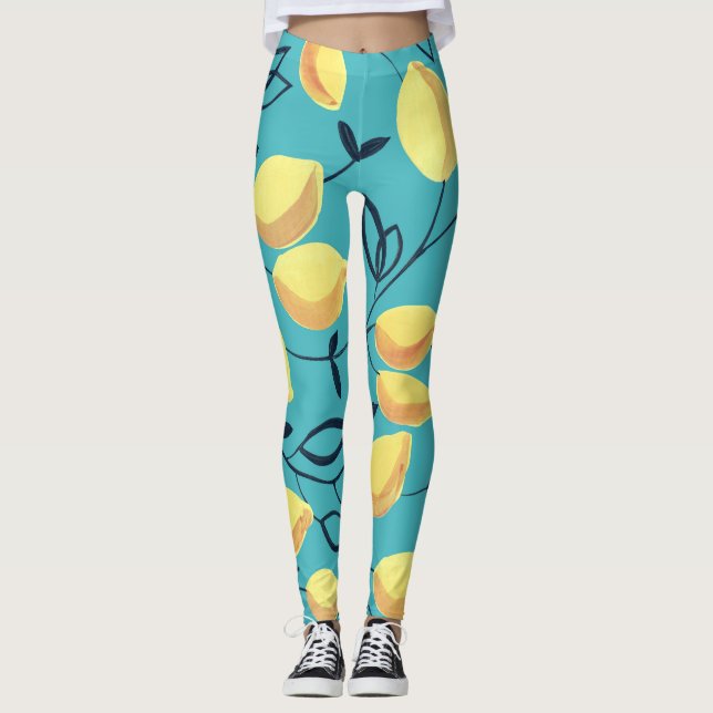 Gelbe Zitronenspinnmuster auf Türkis. Leggings (Vorderseite)
