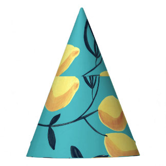 Gelbe Zitronenspinnmuster auf Türkis. Partyhütchen