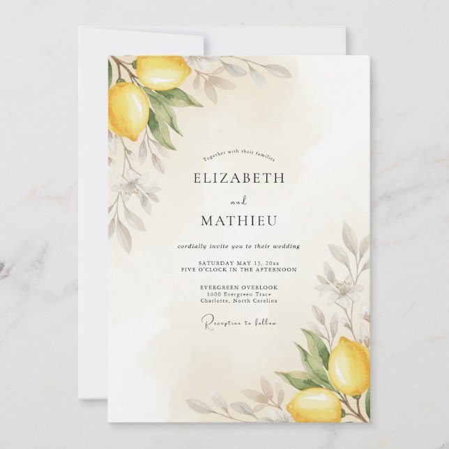 Gelbe Zitrusblättrige Hochzeit Einladung (Vorderseite)