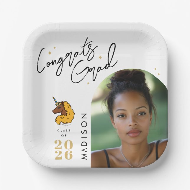 Gelber Afro Einhorn-Abschluss Pappteller (Vorderseite)