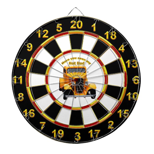 Gelber alter Roadster mit goldschwarzer Forelle Dartscheibe (vorne)