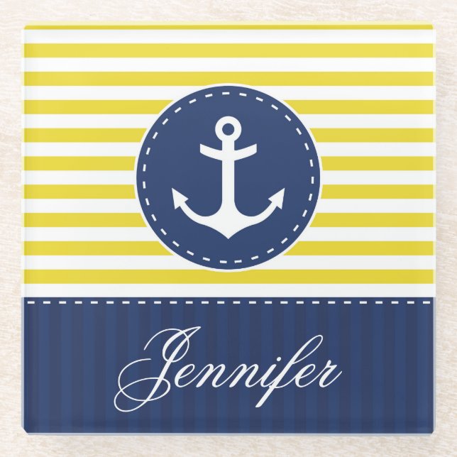 Gelber Anker-Individuelle Name Glasuntersetzer (Vorderseite)