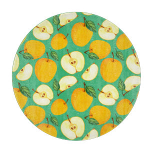 Gelber Apfel: Saftiges Aquarellmuster. Schneidebrett