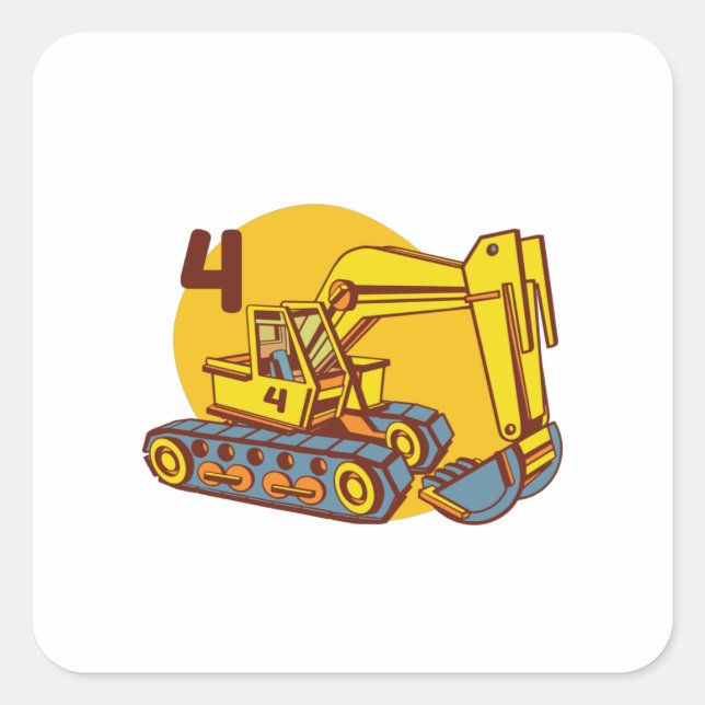 Gelber Bagger - 4. Geburtstagsgeschenk Quadratischer Aufkleber (Vorderseite)