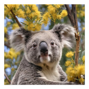gelber, blühender Wattbaum mit Koala, Fotodruck