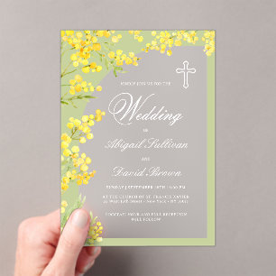 Gelber Blumenbogen auf grüner religiöser Hochzeit Acryleinladungen