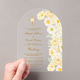 Gelber Blumenbogen Religiöse Hochzeit Acryleinladungen
