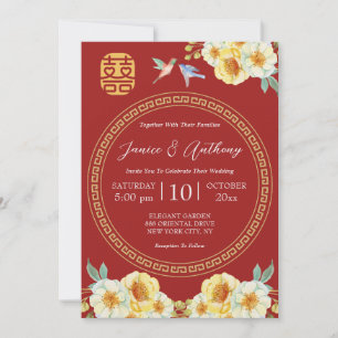 Gelber Blütenvogel elegante chinesische Hochzeit Einladung