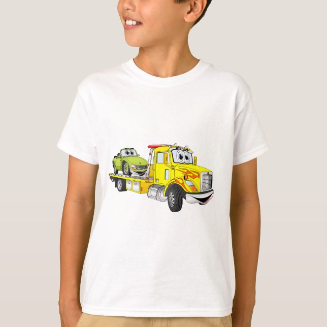 Gelber Cartoon Flatbed Tow LKW T-Shirt (Vorderseite)
